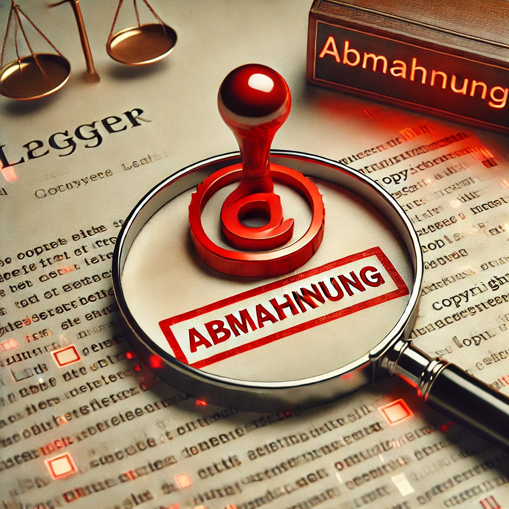 K.I. Symbolbild für Urheberrechtsverletzungen und rechtliche Warnungen im Internet. Ein roter „Abmahnung“-Stempel liegt über einem digitalen Bildsymbol. Erstellt mit: DALL·E-2025-03-03-13.19.59